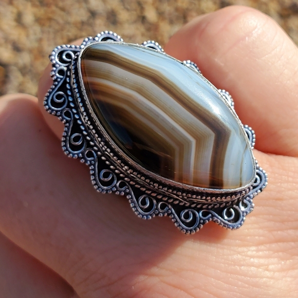 New Huge Botswana Agate Antique Design 925 Silver Statement Ring. - Picture 16 of 16